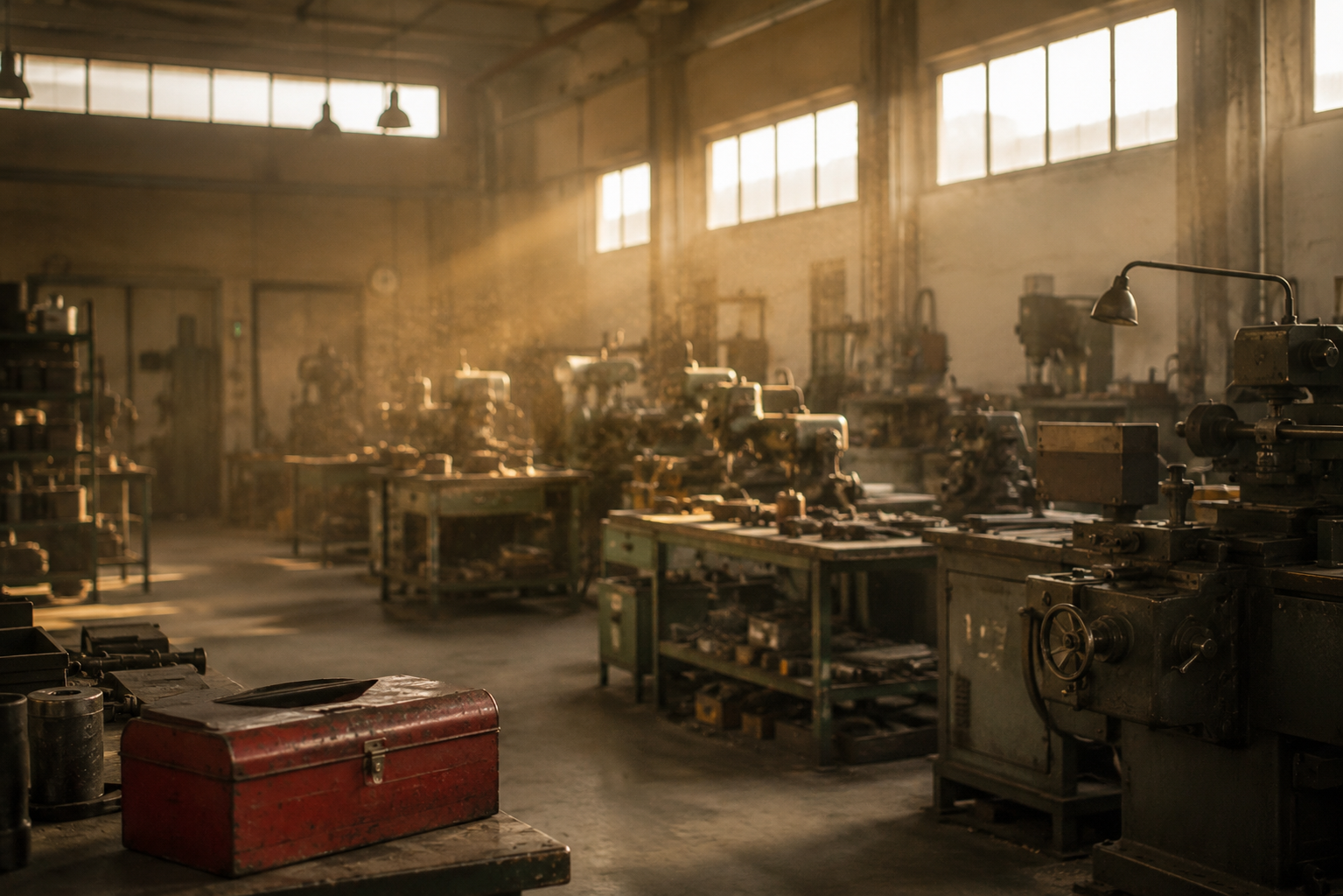 Officina meccanica illuminata dalla luce del mattino, con banchi di lavoro e macchinari