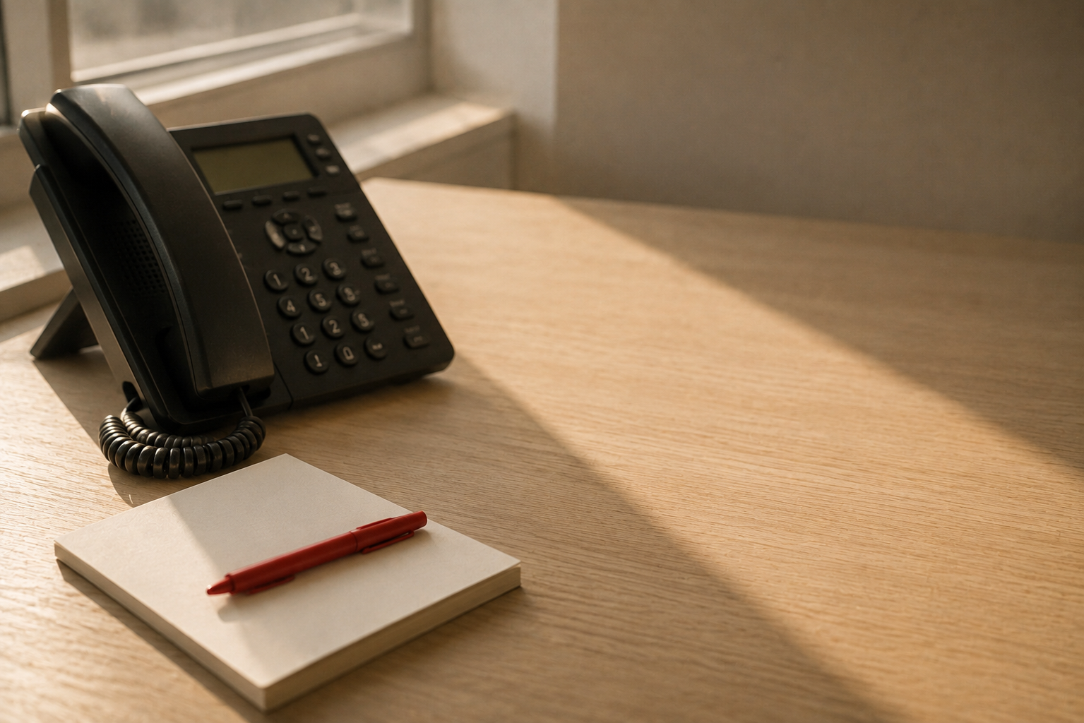 Scrivania con telefono da ufficio, blocco note e penna rossa